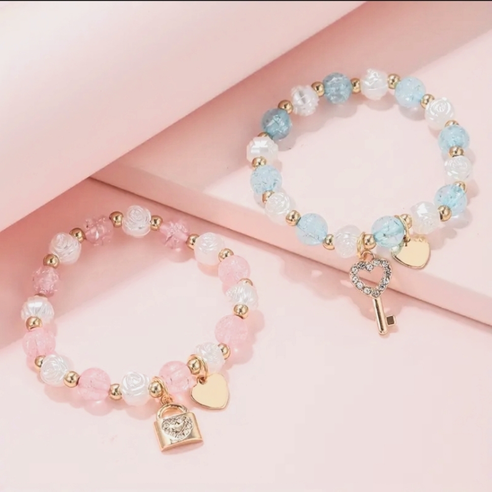 2pcs Girls Cute Lock Key Heart Pendant Bracelet, Flower Design Beaded Elastic - Picture 7 of 7